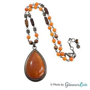 Bohemian Orange Resin & Wood Silver Tone Tribal Style Teardrop Pendant Necklace